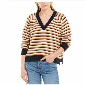 Madewell Arden V-Neck Crop Pullover Cotton Sweater Stripe Yellow SZ M NWT